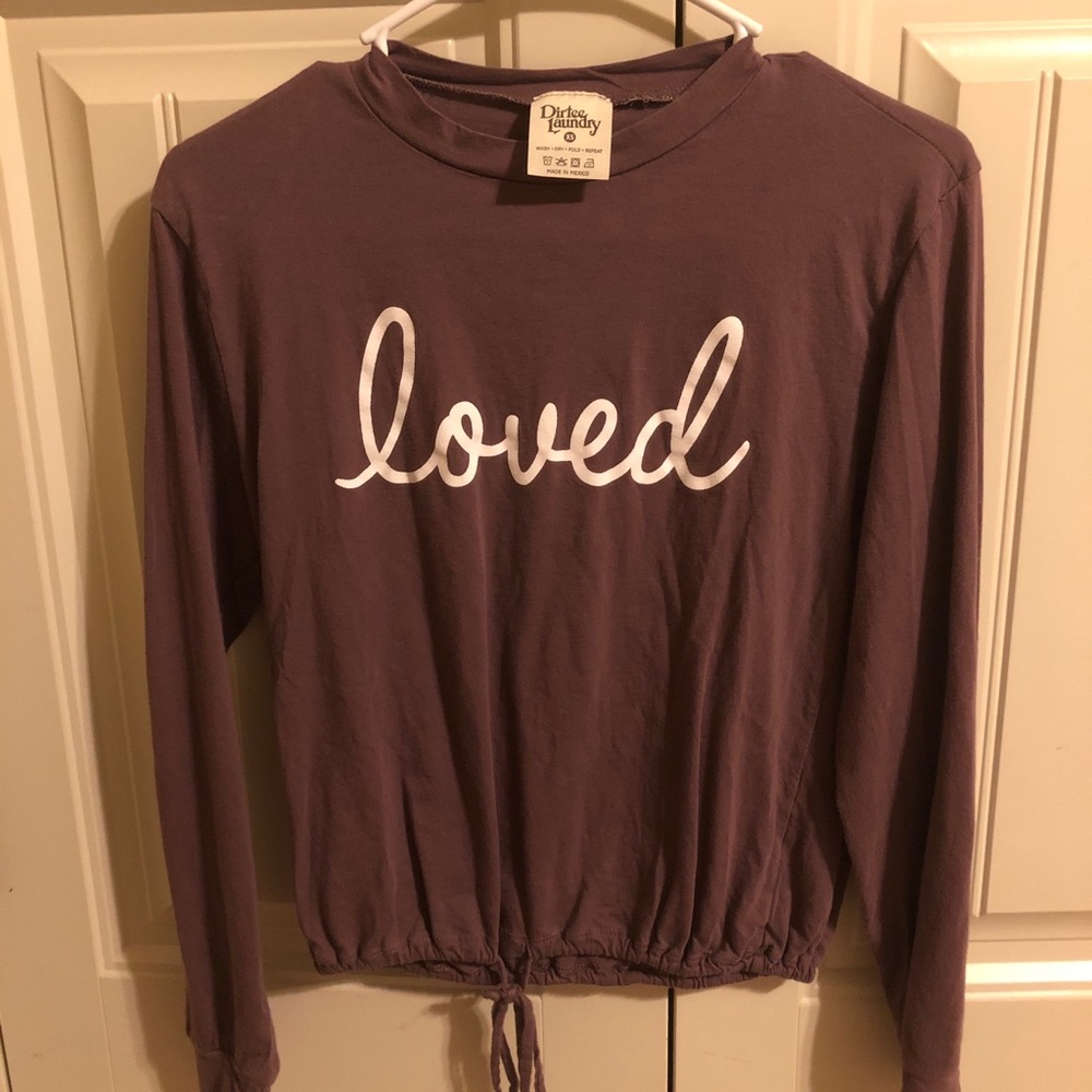 Purple shirt,long sleeve, and cream lettering🤍